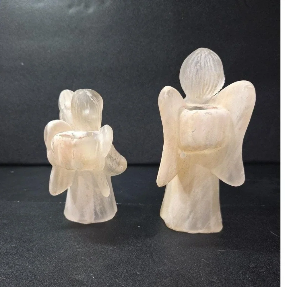 Frosted Glass Angel Candleholders, Set of 2, Vtg Candlestick Holders, Sculptures